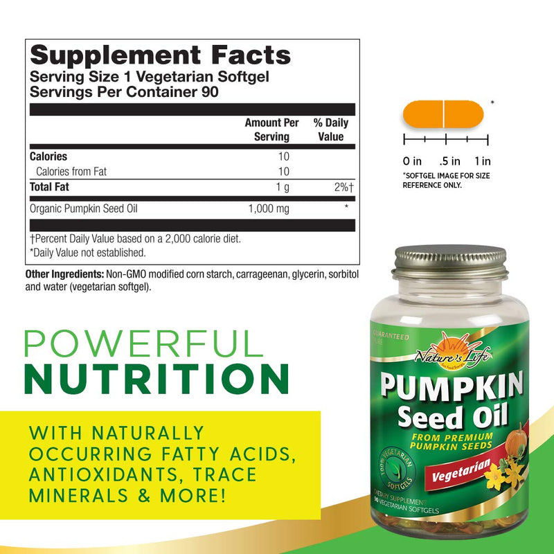 [Australia] - Nature's Life Pumpkin Seed Oil Supplement - Source of Omega 3 6 Essential Fatty Acids and Antioxidants - Cold Pressed from Organic Pumpkin Seeds - Vegan, 60-Day Guarantee, 90 Servings, 90 Softgels 