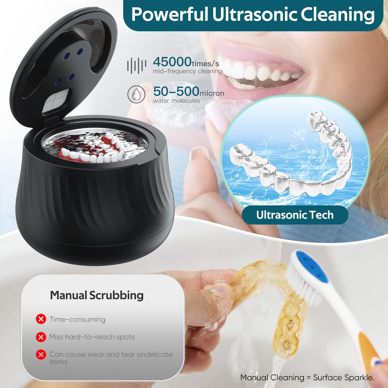 [Australia] - Ultrasonic Retainer Cleaner Machine- 45kHz Denture Cleaner, 200ML Dental Cleaning Pod for Aligners, Mouth Night Guards, Toothbrush Heads & Jewelry, 4 Cleaning Modes, Digital Timer, Black 