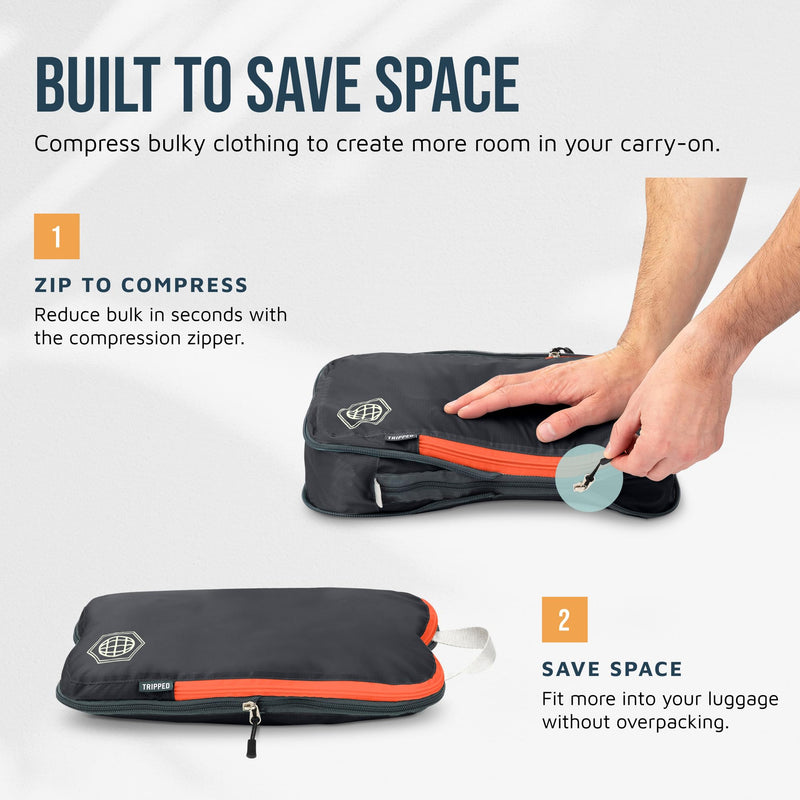 TRIPPED Travel Gear Compression Packing Cubes for Carry-On Travel 6-Pack | Ultralight Ripstop Packing Cubes with Compression Zippers for Organized Carry-On Luggage, Backpack, and Travel Packing 6 Piece Volcano (Grey and Orange) Carry On Set
