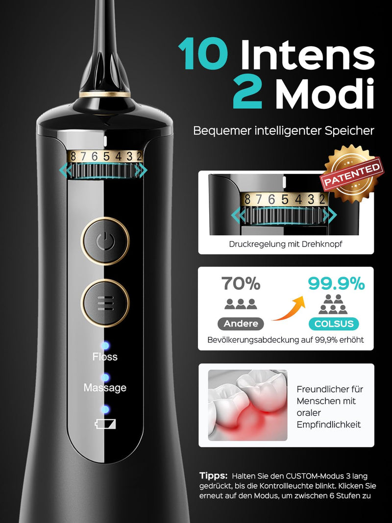 [Australia] - Oral Irrigator Wireless 2025 Upgraded COSLUS Electric Tooth Cleaner: 10 Levels Gentle Control & 300ML Water Tank Portable Rechargeable Dental Irrigator Teeth Flosser Waterproof Oral Irrigator Test Winner Black 
