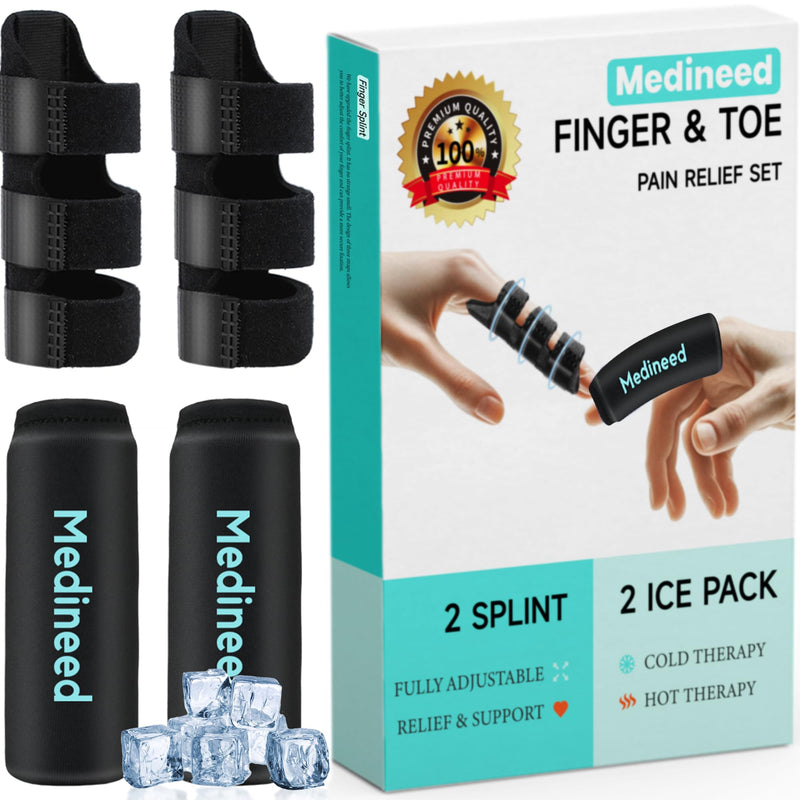 2pcs Trigger Finger Splint & 2pcs Finger Ice Pack，Thumb Splint & finger sleeves For Injuries Cold For Pain Relief Injuries, Arthritis, Sprains,Gel Freeze Sleeve Fit Index, Middle, Thumb, Ring（Black2+2） Black+Black