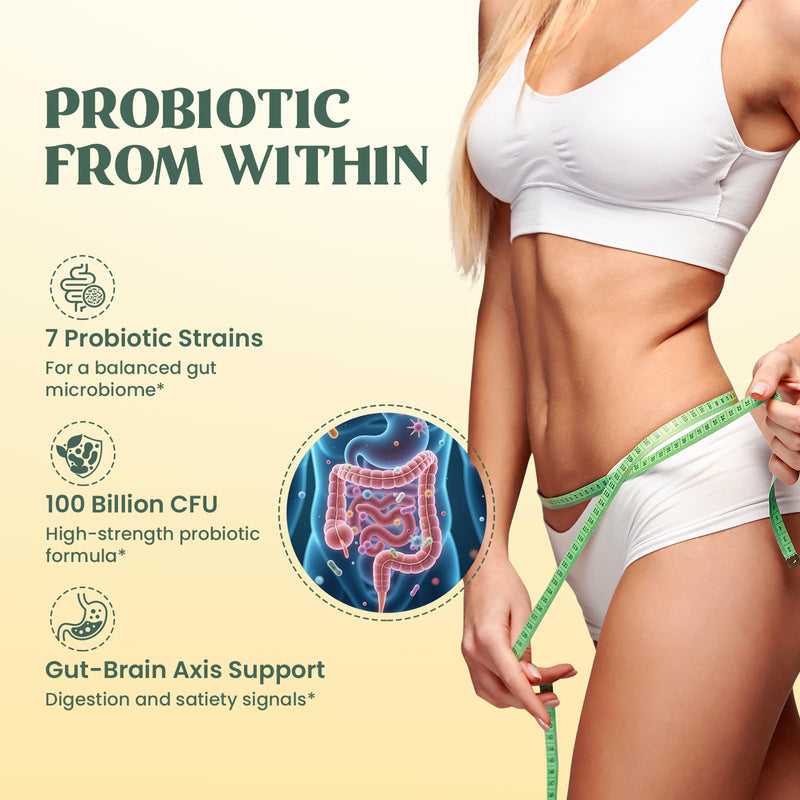 Probiotic & Botanical Fibre Tablets for Gut Health & Digestion, 100 Billion CFU, Prebiotic Fibre, Natural Digestive Support with HMB, Green Tea & Ginger Extracts, Mint Flavour, Vegan, 60 Tablets