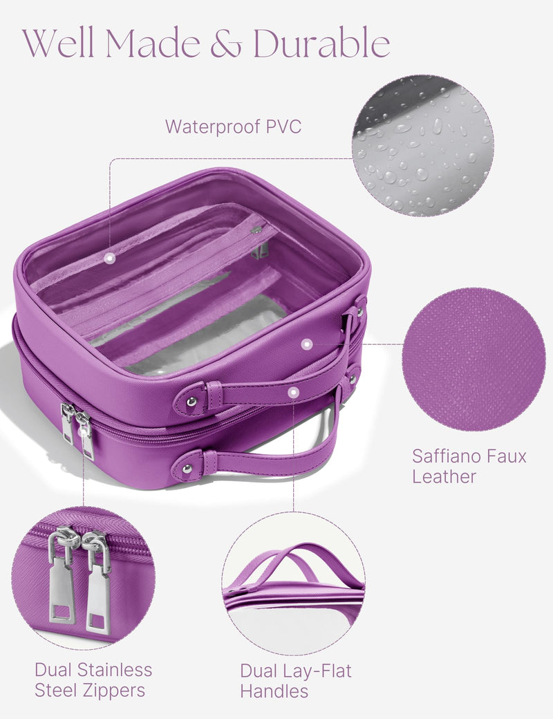 Clear Cosmetic Bag Double Layer Travel Toiletry Bag Clear Makeup Bag Case with 4 Compartments, Transparent Travel Bag for Toiletries, Large Toiletry Bag for Women Cosmetic Case (Purple, Large) Purple