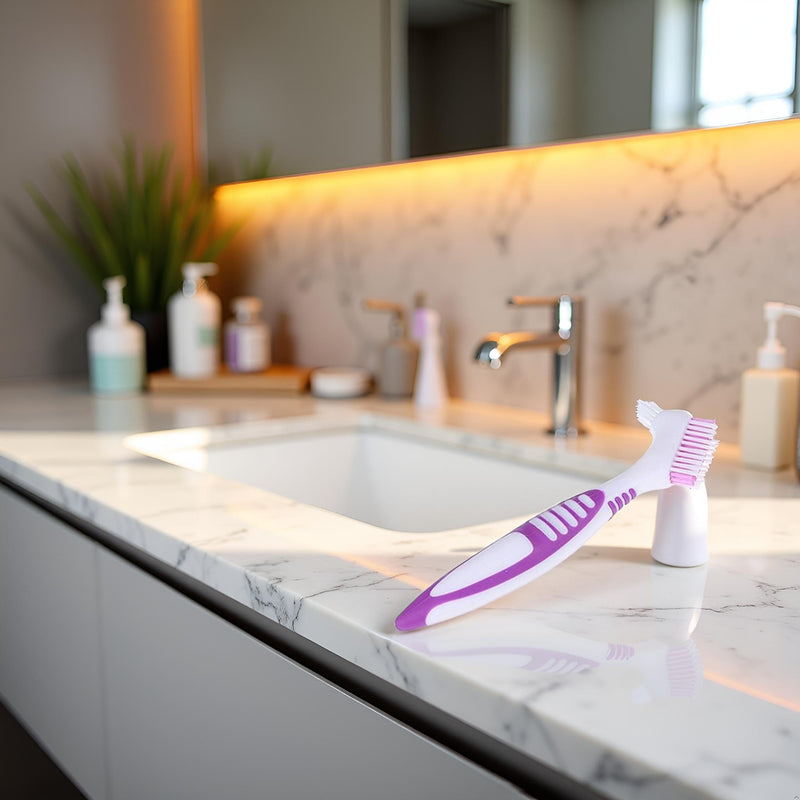 [Australia] - Premium Denture Cleaning Brush Set with Multi-Layered Bristles & Ergonomic Rubber Handle, Portable Denture Double Sided Brush for False Teeth Cleaning Orange 