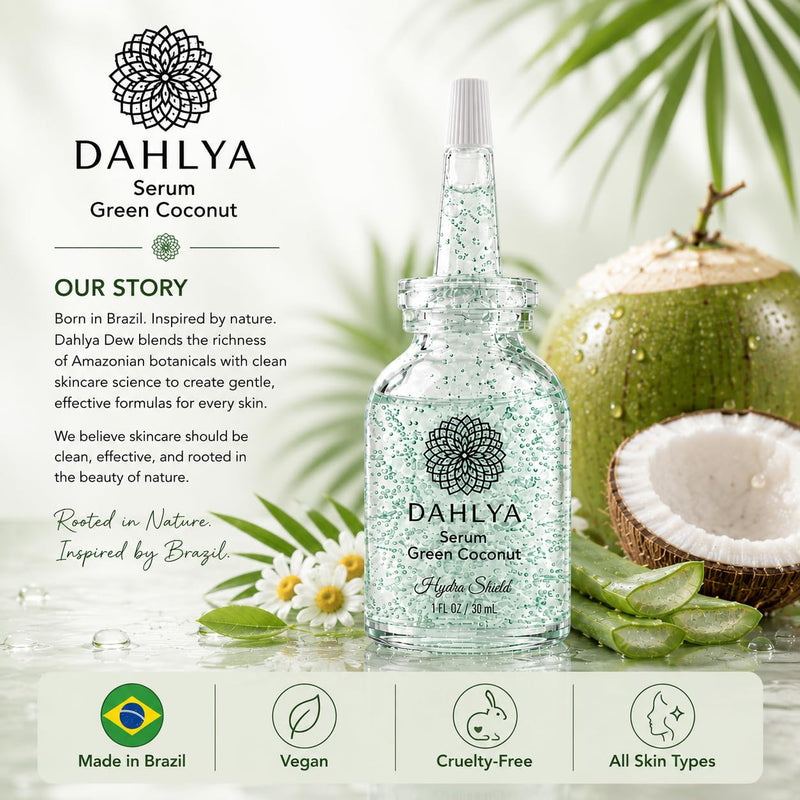 Dahlya Dew Hydrating Face Serum for Dry Skin - Hyaluronic Acid, Aloe Vera, Green Coconut & Vitamin E - Fine Lines & Dehydrated Skin - Brazilian Skincare, All Skin Types, 1 fl oz (30ml)