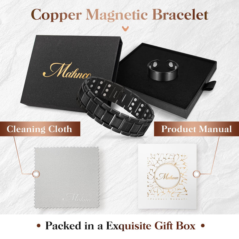 [Australia] - Mahnco Copper Bracelet for Men with Triple-Row Strong Magnets Magnetic Bracelets & Lymphatic Drainage Ring Set with Adjustable Sizing Tool, Magnetic Jewelry Gift (Black) Black-3X 