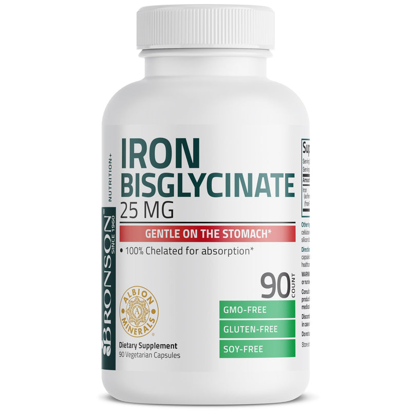 [Australia] - Bronson Iron Bisglycinate 25 mg Gentle on The Stomach, Supports Energy & Healthy Red Blood Cell Production - Non-Constipating Formula - Non GMO, 90 Vegetarian Capsules 90 Count (Pack of 1) 