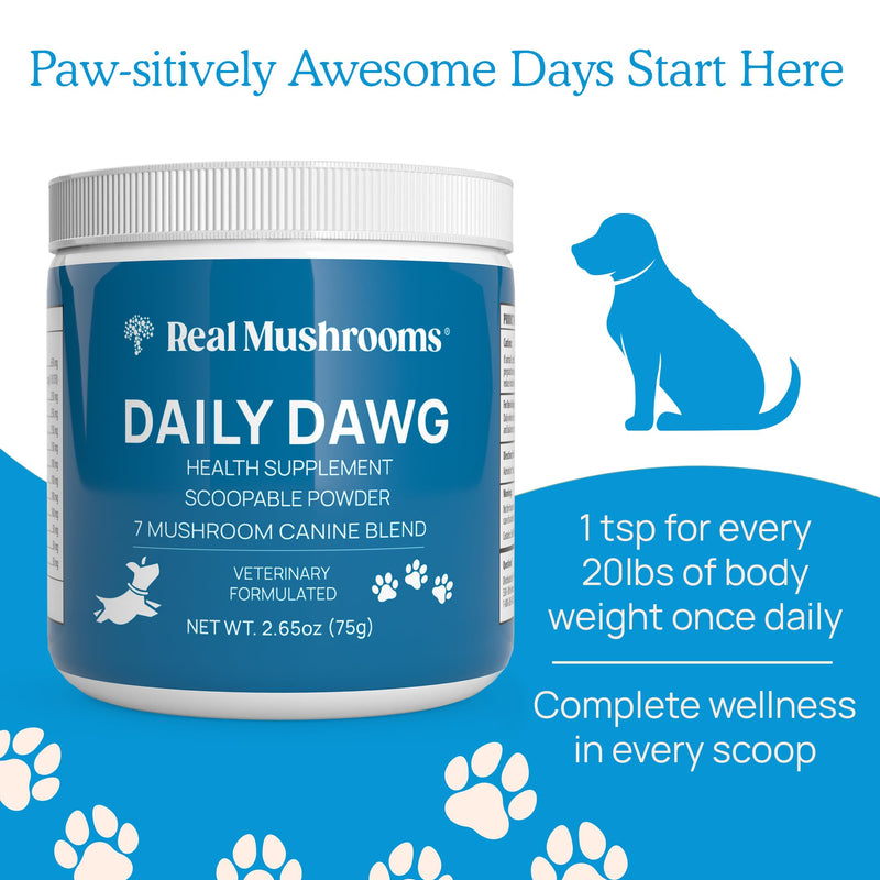 Daily Dawg Mushroom Extract Powder Support - 265 oz Bulk Supplement Dog Vitamins with Real Mushrooms Lions Mane, Cordyceps Mushroom, Turkey Tail, Reishi Shiitake - PawsPlanet Australia