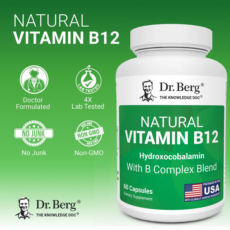 Dr. Berg Natural Vitamin B12 1000 mcg (Hydroxocobalamin) 60 Capsules – Energy, Brain & Nervous System Support* – w/B-Complex + Magnesium – 4X Lab Tested, GMO-Free, No Fillers