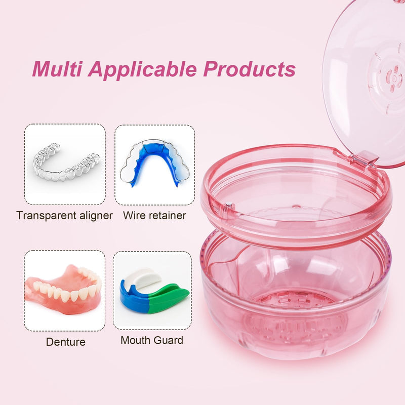 Retainer Cleaner Case,Double Layer No-Leak Denture Cup for Soaking Dentures, Denture Bath for Aligner,Retainers,Mouth Guard,Night Guard (Pink) Pink