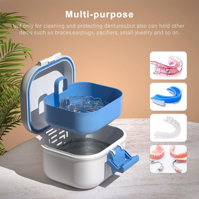 BVN Leak-Proof Denture Case, Denture Cup for Soaking Dentures, Retainer Cleaning Case Bule and White Denture Case White Case and Bule