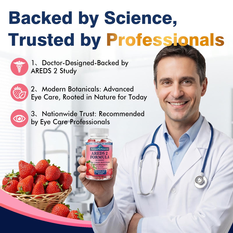 Areds 2 + Advanced Formula for MacularHealth, 22-in-1 Eye Vitamin & MineralSupplement w. Zeaxanthin, Zinc &Vitamin C Supports Eye Strain, Pressure,Night Vision, 60 Chewable Gummies Strawberry 60 Count (Pack of 1)