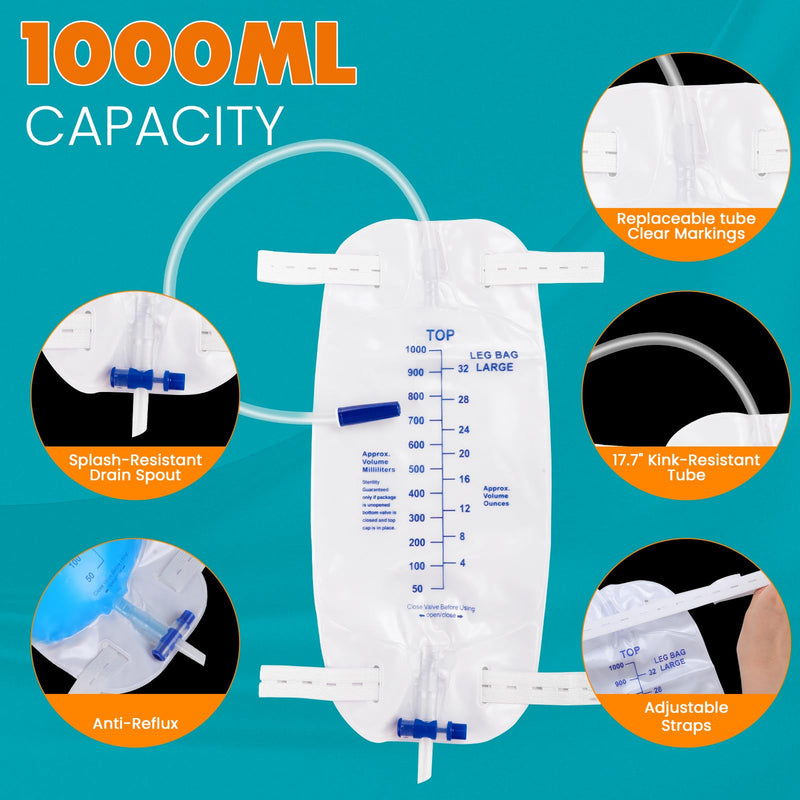 [Australia] - 4 Pack 1000ml Catheter Bags with 18‚Äù Drainage Tube,Anti Reflux Valve,Large Capacity Urine Leg Catheter with Two Latex-Free Straps, Easy Flip Drain, Urinary Catheter for Men, Women 4 PACK 