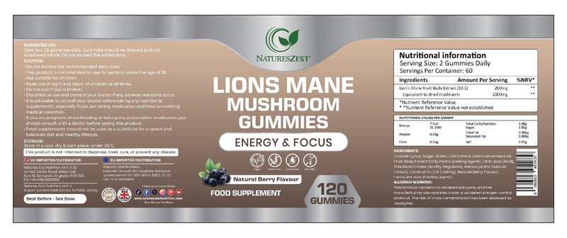 Lion’s Mane Mushroom Gummies 2000mg | 120 Gummies - High Strength Lions Mane Supplement for Focus & Memory | Vegan, Gluten-Free, Non-GMO Mushroom Supplement | Natural Berry Flavour