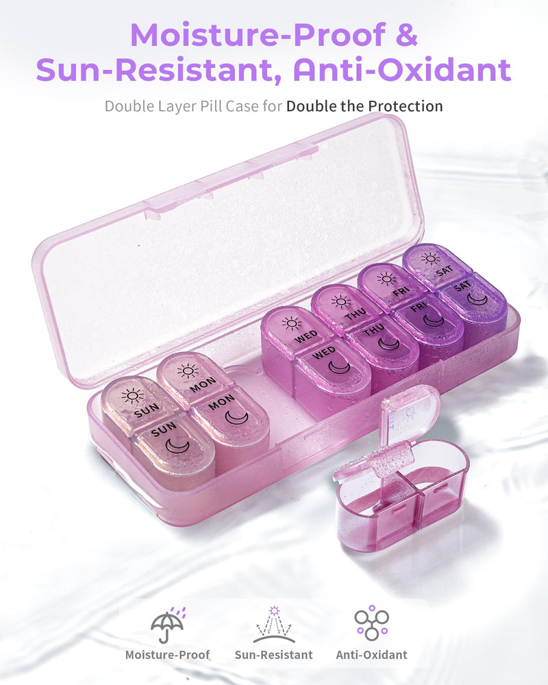 Pillex Pill Organizer, Am & Pm Pill Organizer 7 Days, Weekly Pill Case 2 Times a Day, Cute Pill Box 7 Day, Medicine Organizer for Travel, Vitamins, Fish Oils, Supplements (Gradient Pink-Purple) Gradient Pink-purple