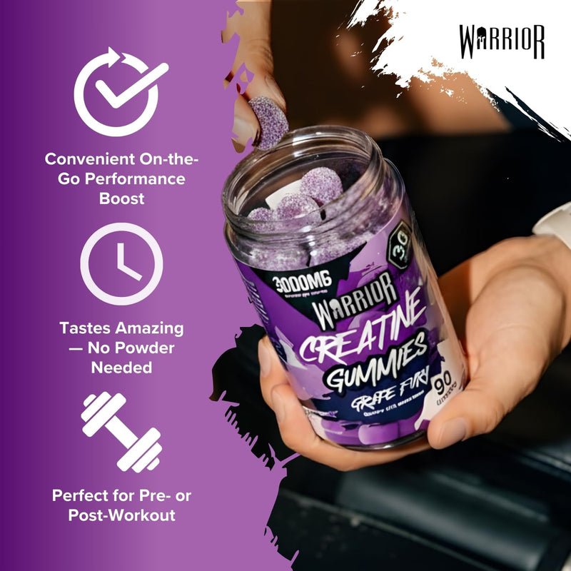 Warrior Creatine Gummies 90 Gummies – 1000mg Each – 30 Day Supply – High Strength Creatine Monohydrate Gummies – Vegan, Sugar Free Chewable Supplement for Strength & Recovery (Grape Fury) Grape Fury