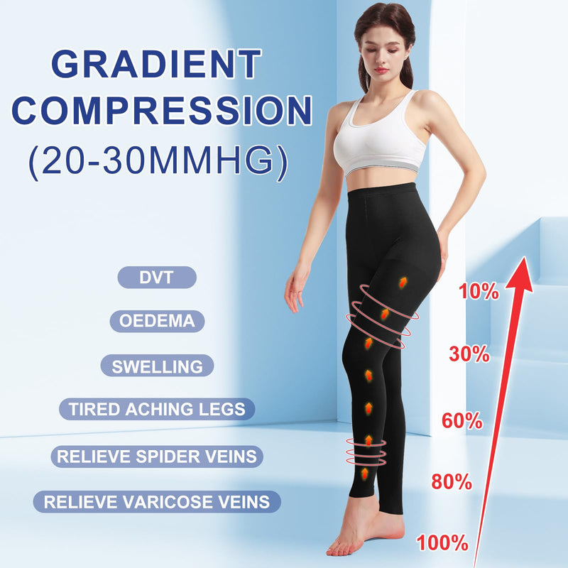 [Australia] - Medical Compression Pantyhose for Women & Men, 20-30mmHg Graduated Support Tights, Opaque Footless High Waist M Black 