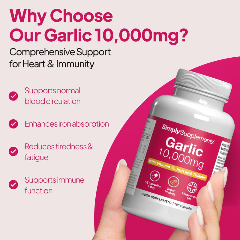 High-Strength Garlic Capsules | Supports Heart, Normal Blood Circulation & Immune Health | with Vitamin C, Iron & Thiamine | Vegan Friendly | 180 Capsules = 3 Months’ Supply | UK Made Unflavoured 180 count (Pack of 1)