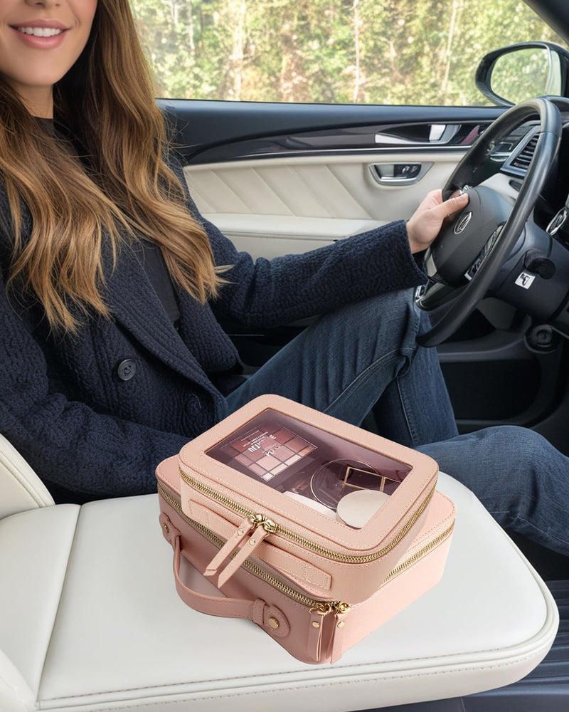 Travel Clear Makeup Bag Set, TSA Approved Cosmetic Bag Case with Zipper Portable Makeup Pouch Toiletry Bag Traveling Cosmetic Organizer Storage Bag Car Organizer Car Essentials Dual Dark Pink