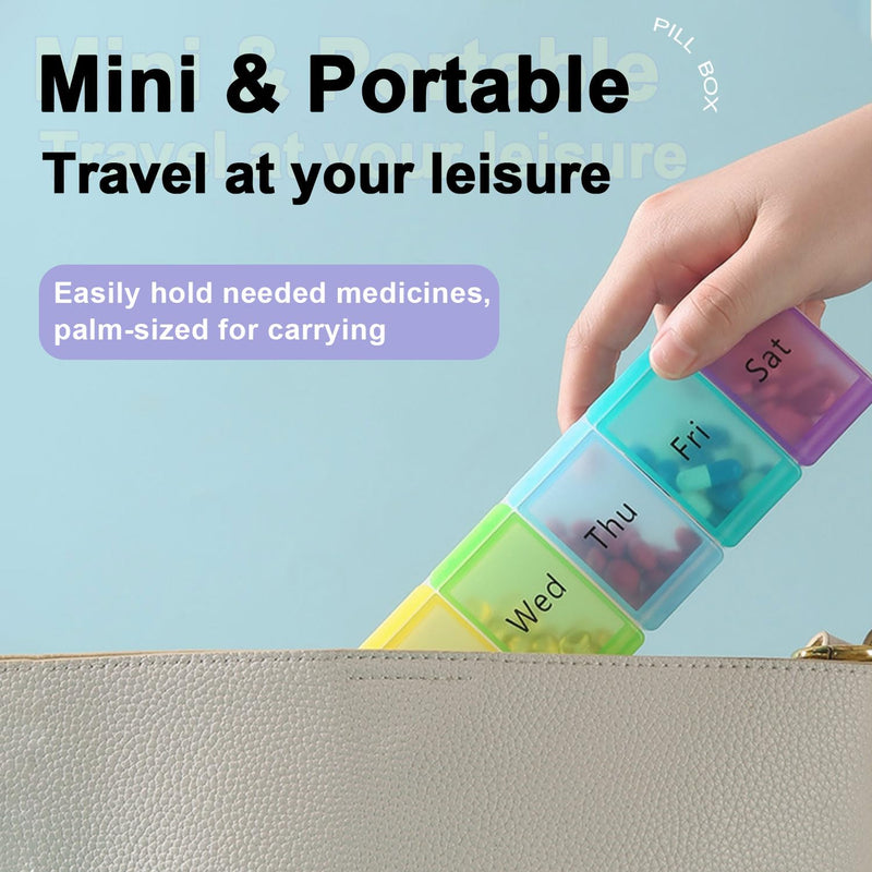 Pill Organizer, Weekly Portable Pill Dispenser, Travel Daily Case | 7 Compartment Medication Planner Case Box Holder for Vitamin, Medicine, Fish Oil, Supplements, Transparent, 7-Color lid Box