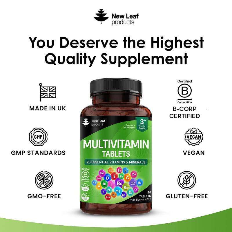Multivitamin & Minerals 23 Essential Active Vegan High Strength Multivitamin Tablets for Women & Men with Iron A-Z Complete Daily Vegan Vitamins Gluten Free GMO Free (3 Month Supply) UK Made New Leaf 90 count (Pack of 1)