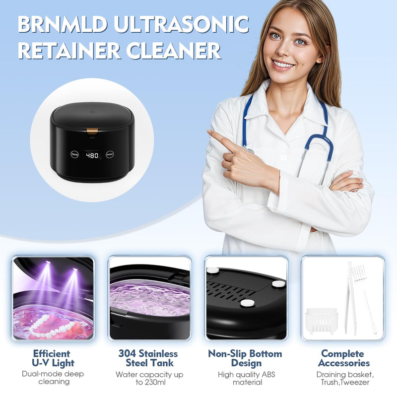 [Australia] - Ultrasonic Retainer Cleaner, 45kHz Sonic Retainer Cleaner Machine Dental Cleaning Pod for Dentures, Mouth Guards, Braces, Toothbrush Heads, Jewelry, 5 Modes for All Dental Appliances (Black) Black 