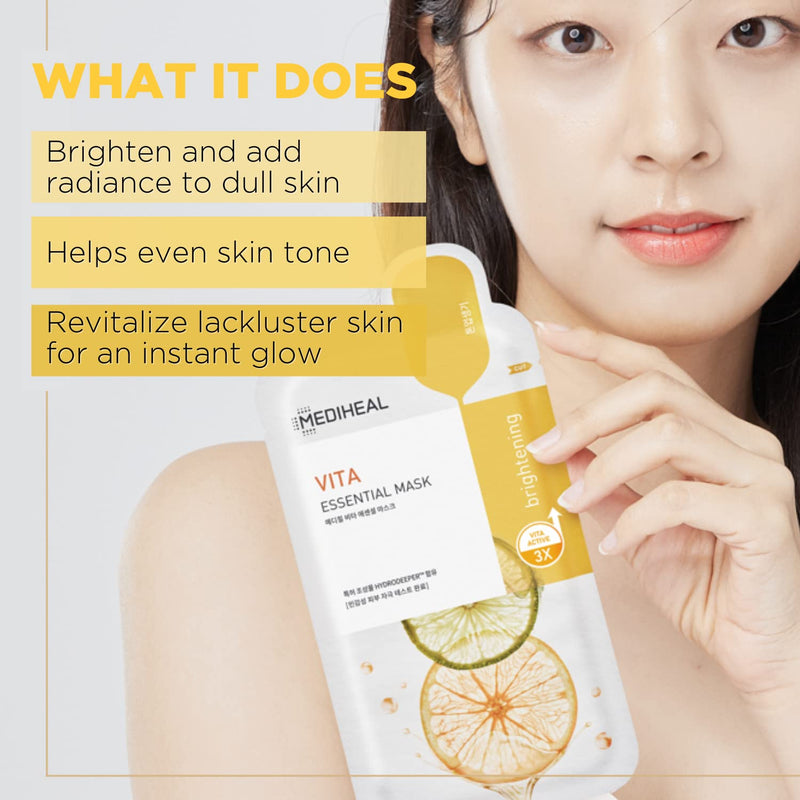 Mediheal Best Korean Sheet Mask - Vita Essential Face Mask 4 Sheets Vitamin Mask For All skin types Smoothing Tightening Toning up Brightening 4 Count (Pack of 1)