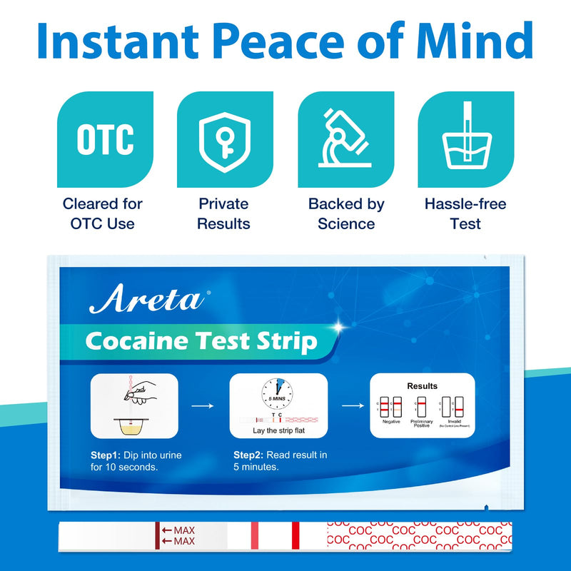 Areta Cocaine Test Strips, at Home Urine COC Test, 5 Pack | Instant Drug Test for Cocaine, OTC Use, COC Coke Crack Home Detection Kit, 300 ng/mL Cutoff, Result in 5 Min -#ASCOC-114