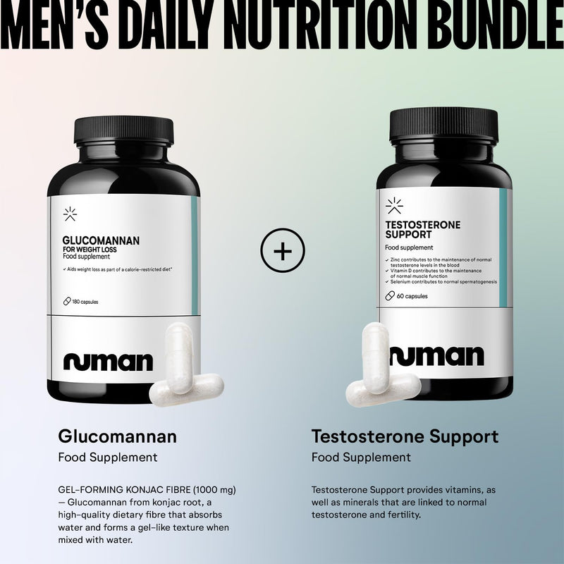 Numan Men’s Supplement Bundle | Glucomannan Konjac Fibre Capsules 1000mg + Testosterone Support with Zinc, Selenium & Vitamin D | Daily Nutritional Support for Men | 180 + 60 Capsules