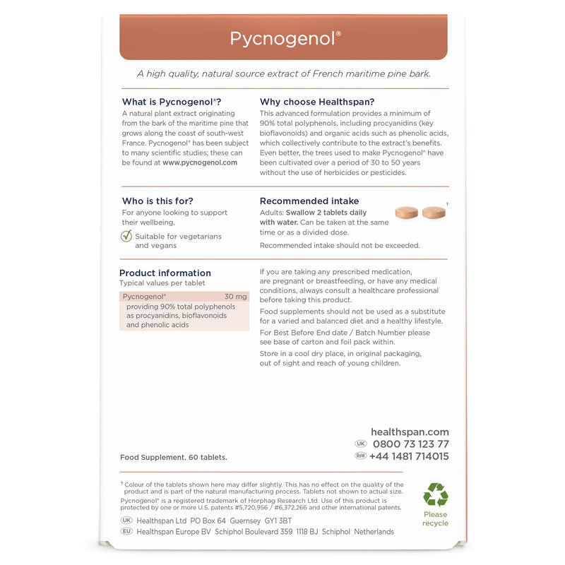 Healthspan Pycnogenol 30mg (60 Tablets) | French Maritime Pine Bark Extract | Providing Naturally Powerful Bioflavonoids | No Pesticides and No Herbicides | Vegan
