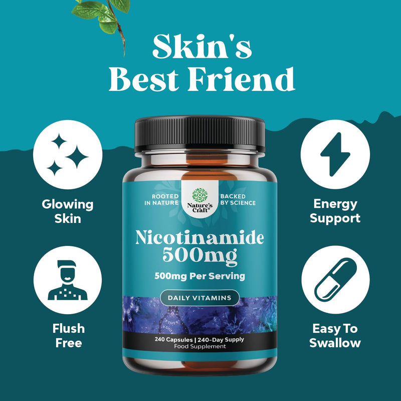 High Strength Nicotinamide 500mg Capsules - 240 Count - Vitamin B3 Supplement for Energy, Skin, and Immune Support - Flush Free Niacin Supplement - Non-GMO, Vegan, Gluten-Free, and GMP Certified