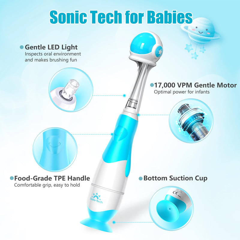 [Australia] - Toddler Electric Toothbrush Kids Age 1-2-3 Years Old, Infants & Baby Electric Toothbrush with Finger Tooth Brush, Cute Cover, LED Light, 2 Minutes Timer, 4 Brush Heads, Suction Cup (Blue Astronaut) Blue Astronaut 1 Count (Pack of 1) 