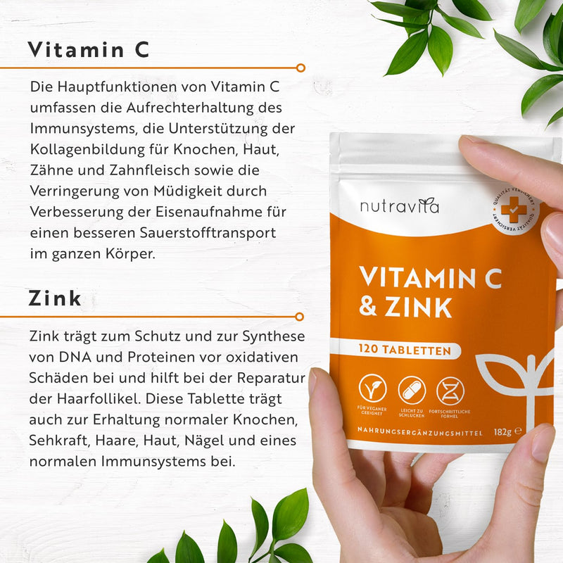 [Australia] - Vitamin C & Zinc - 120 tablets - High dose with 1000mg vitamin C + 20mg zinc - Laboratory tested, vegan & optimally bioavailable - without unnecessary additives - Supports the immune system - Nutravita 