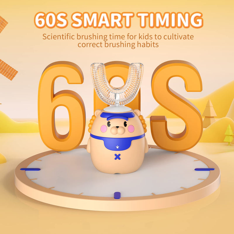 RexCodar Kids Electric Toothbrushes, U Shaped Ultrasonic Toothbrush, Rechargeable Full Mouth Kids Toothbrush with 4 Brush Heads, IPX7 Waterproof, Five Smart Modes, 60S Smart Reminder(Ages 2-6) Brown 2-6 Age