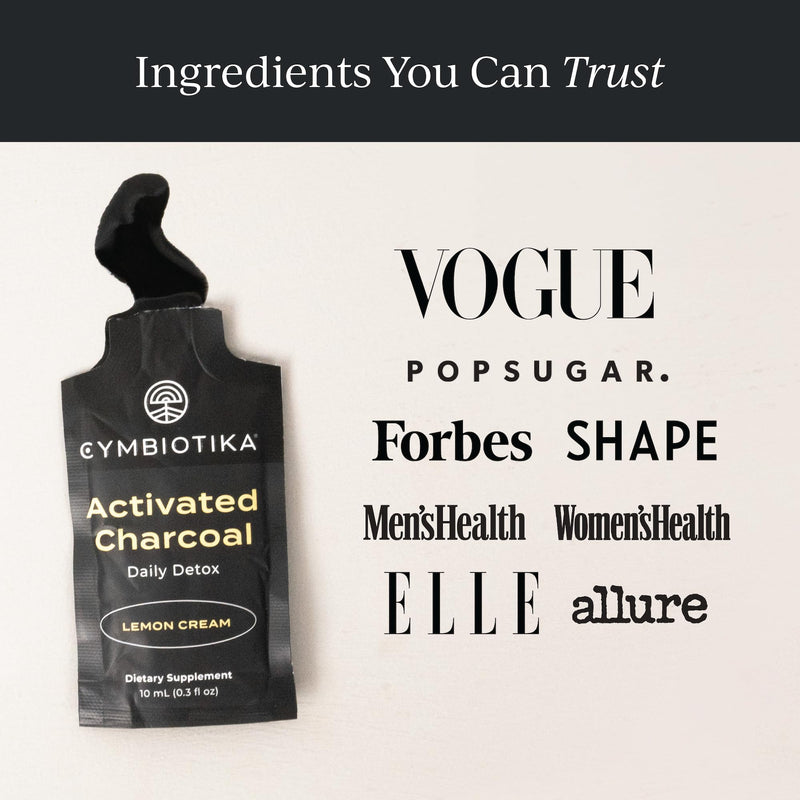 [Australia] - CYMBIOTIKA Activated Charcoal Liquid Supplement with Vitamin E, Gut Health & Digestive Support for Adults, Helps Cleanse, Detox, Support Gas, Bloating, Lemon Cream Flavor, Vegan, 10ml Pouches, 26 Pack 