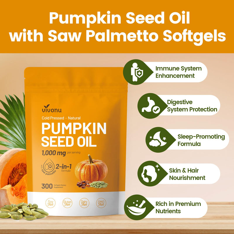 [Australia] - Pumpkin Seed Oil with Saw Palmetto Capsules | Cold Pressed, Pure Virgin Oil, Essential Fatty Acids & Phytosterols 300 Softgels Supports Hair, Urinary, Bladder & Prostate Health, Non-GMO 300pcs/1bag 