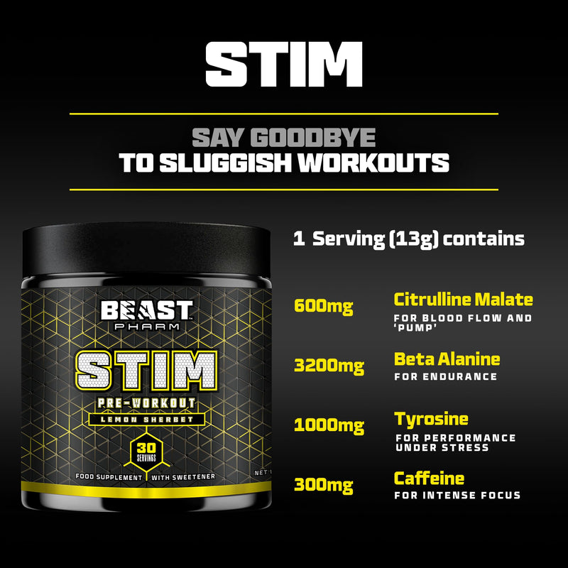Beast Stim Pre Workout Powder - 30 Servings - Gym Supplements for Men and Women 390g - Beta Alanine Preworkout - Lemon Sherbet