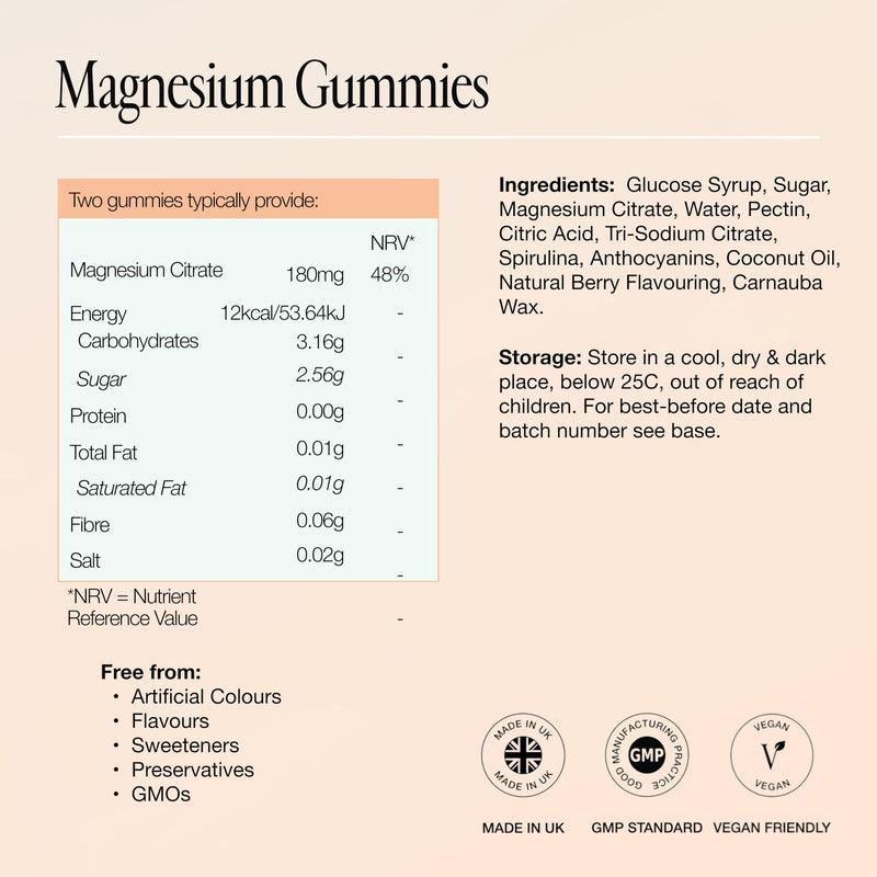 Unfabled Magnesium Gummies for Women, 60 Vegan Gummies, 180mg Magnesium Citrate, Energy-Yielding Metabolism & Nervous System Function, Berry Flavour