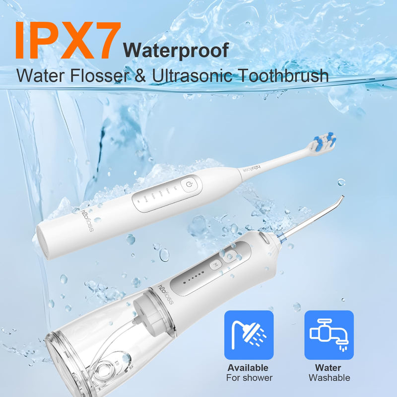 [Australia] - H2ofloss Sonic Electric Toothbrush and Water Flosser Combo, Rechargeable 2000mAh Toothbrush and 2500mAh Oral Irrigator with 300ml Tank, 4 Brush Heads, 5 Nozzles, 2 in 1 for Home and Travel (White) White 