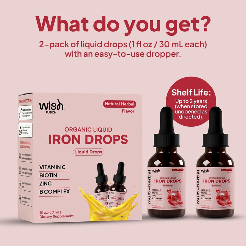 Liquid Iron Supplement for Women & Men Iron Drops 2 Pack with Vitamin C, Biotin, Zinc, Vitamin B12 High Potency Vegan Iron Drops for Red Blood Cells & Immune Support