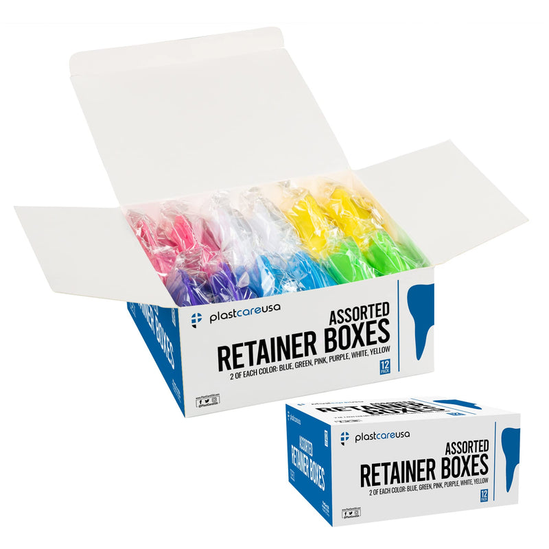Assorted Retainer Case Box of 12 Individually Sealed, Dental Storage Container for Aligners, Mouth Guards - Yellow, White, Pink, Green, Purple, Blue 12 (1 Box) Assorted