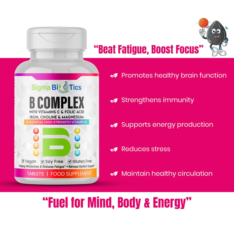 8 B Complex Vitamins, B12, Vitamin C - Folic Acid, Biotin, Choline, Magnesium, B1, B2, B3, B5, B6 Vitamins - Vegan & Gluten Free - 90 Tablets - One Per Day - 3 Months Supply