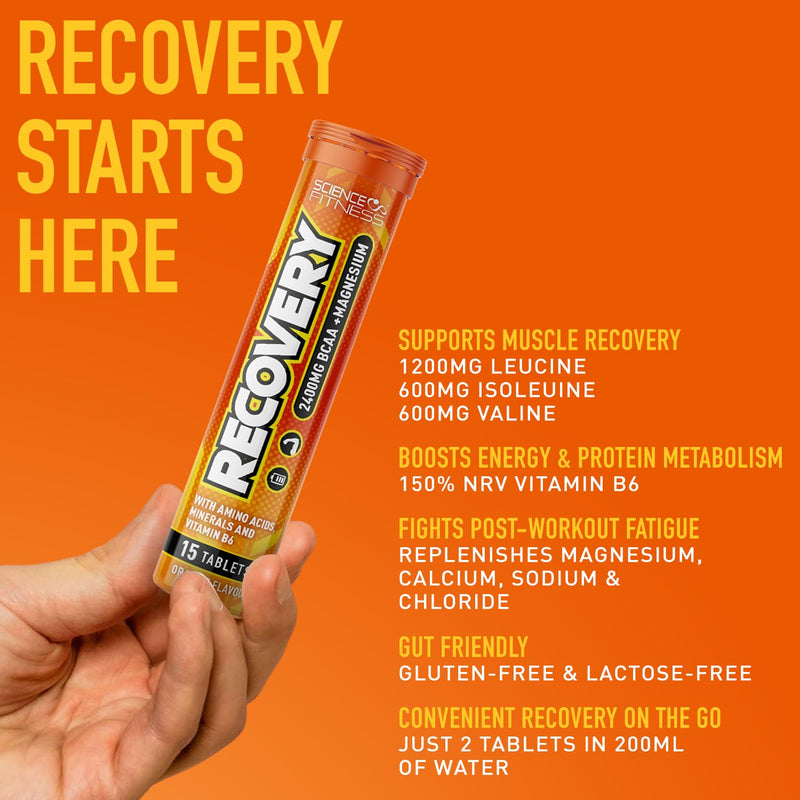 Recovery Effervescent- Orange Flavour | BCAA 2400mg with B6 and Magnesium| 6x15 Tablets| Science Fitness 15 count (Pack of 6)