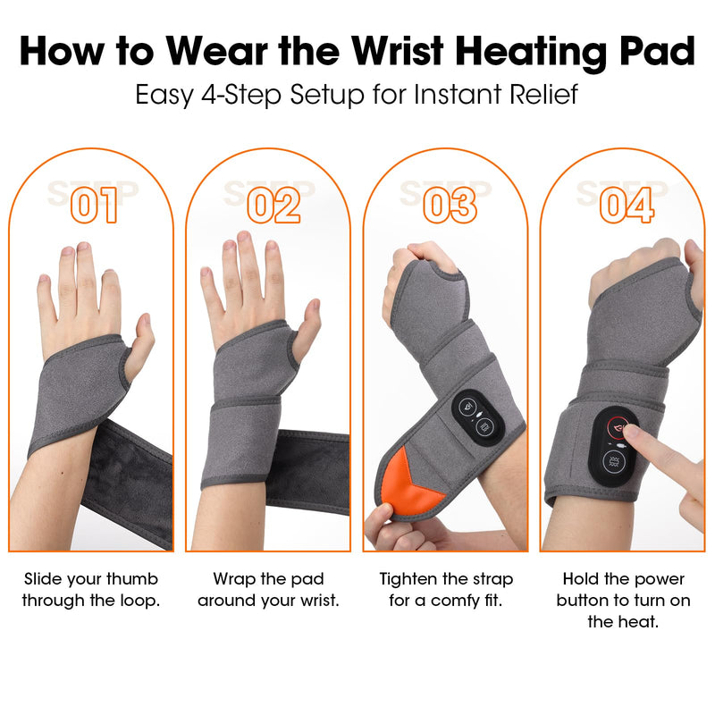 Cordless Wrist Heating Pad Wrap for Pain Relief, Heated Wrist Massager for Carpal Tunnel, Heated Wrist Brace, Wrist Hand Heating Pad, Hand Massager with Heat, Red Light for Carpal Tunnel, Gray