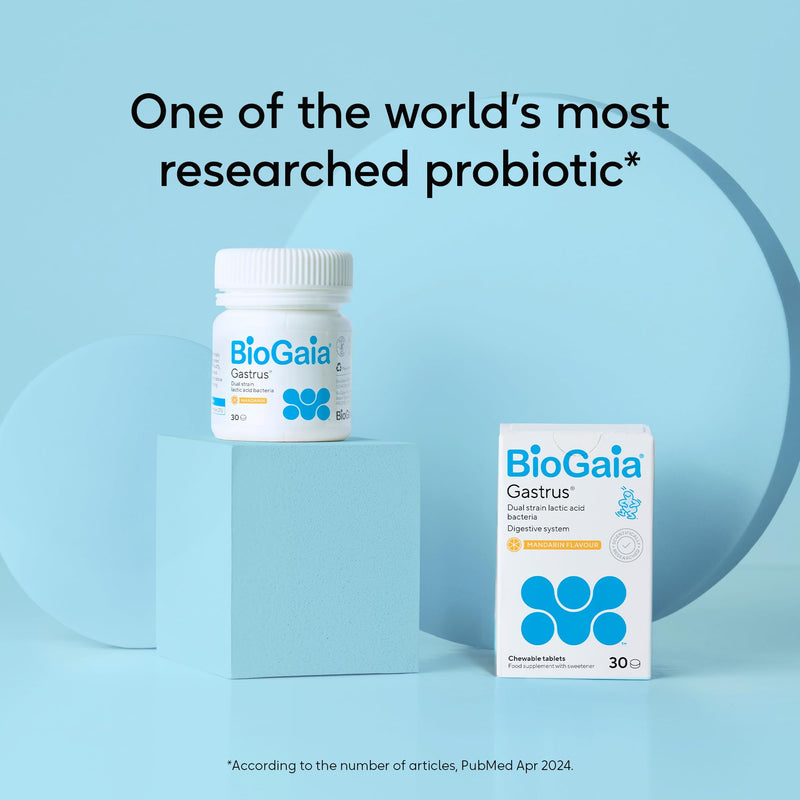 BioGaia Gastrus Probiotics for Gut Health | Bacterial Cultures with L. Reuteri to Balance Gut Flora | Dual Strains of Patented Lactobacillus Reuteri | 30 Chewable Supplement Tablets - Mandarin Flavour
