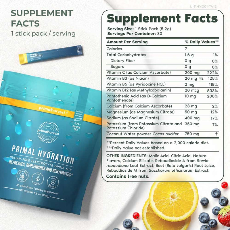[Australia] - Primal Harvest Electrolytes Powder Packets Primal Hydration, Easy Open Packets, Energy Drink Mix (Lemon Berry, 30 Packs) 1 Bag 
