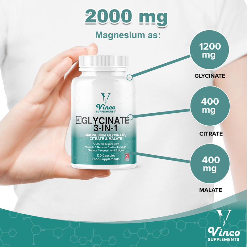 Vinco Magnesium Glycinate 3-in-1 Complex - 2000mg Supplements as Bisglycinate, Citrate & Malate 120 Capsules, Triple High Absorption 420mg Elemental, UK Made