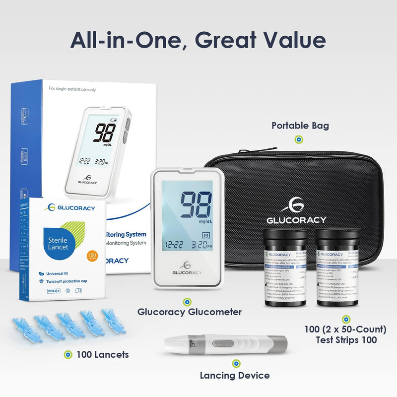 [Australia] - G-425-2 Blood Glucose Monitor Kit, Blood Sugar Test Kit with 1 Lancing Device 100 Test Strips 100 Lancets, 1 Glucometer 