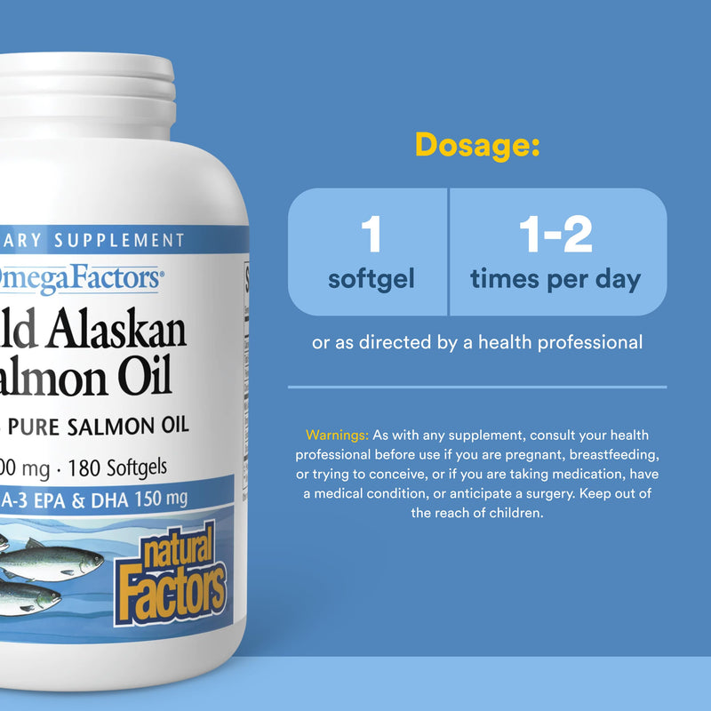 Natural Factors Wild Alaskan Salmon Oil Provides Omega-3, EPA, DHA & Vitamin D, Supports Brain & Heart Health, 180 Softgels Unflavored 180 Count (Pack of 1)