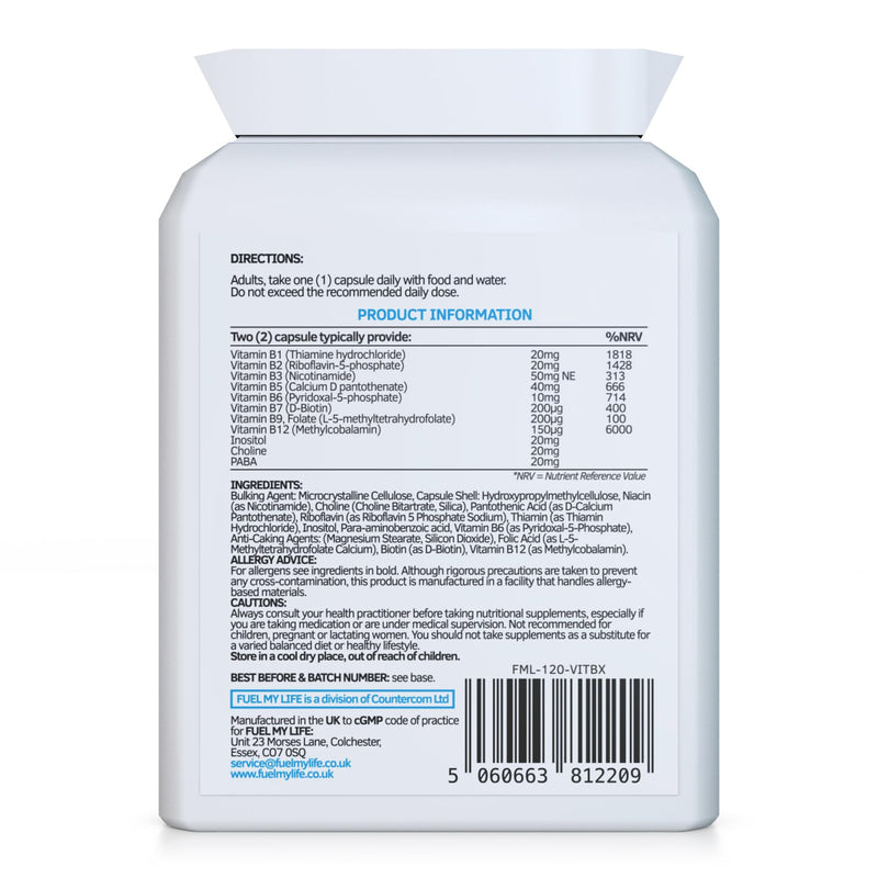 Vitamin B Complex Plus - 90 Capsules - Superior Methylated Formula with Added Choline, PABA & Inositol - Includes Essential Multi B-Vitamins B1, B2, B3, B5, B6, B12, Biotin & Folate